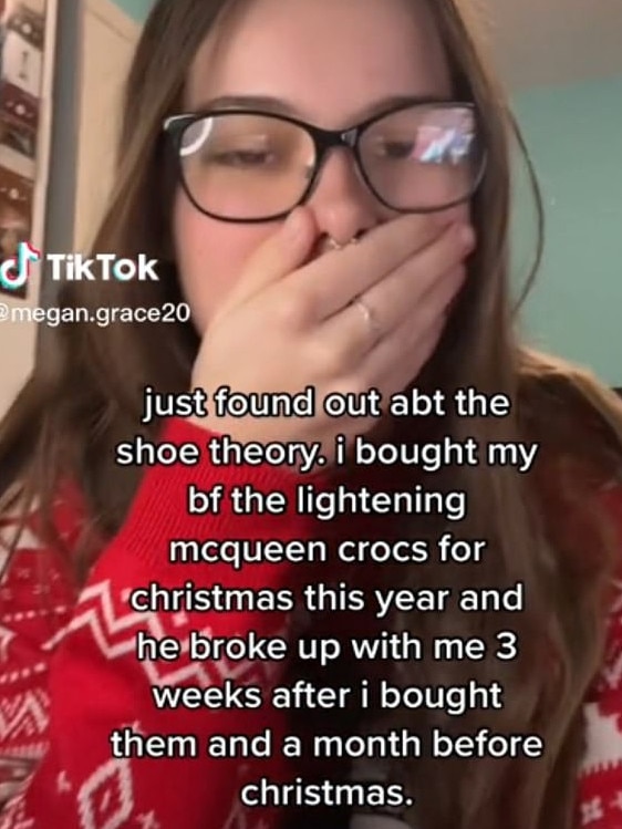 TikTok user @megan.grace20 said her boyfriend dumped her after she bought him Lightning McQueen Crocs for Christmas. Picture: TikTok/@megan.grace20