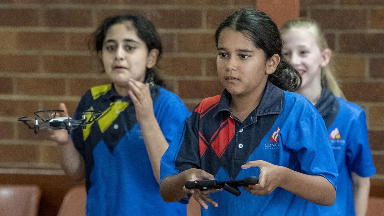 Concordia student Anjali Owens testing out the drones. Picture: Nev Madsen