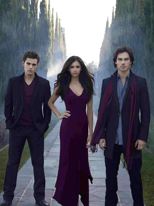 Cast of Channel 9 TV program ''The Vampire Diaries''. Paul Wesley as Stefan, Nina Dobrev as Elena and Ian Somerhalder as Damon.