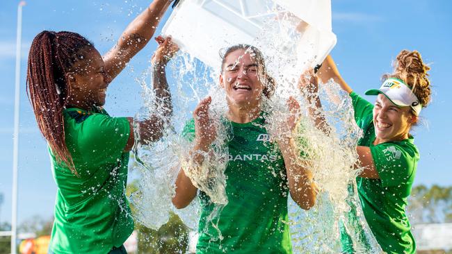 The Australian Women's 7s squad are now in town for their pre-Olympic camp. Ellia Green, Jakiya Whitfeld and Lori Cramer are happy to be back up in the top end for heat training. Picture: Che Chorley