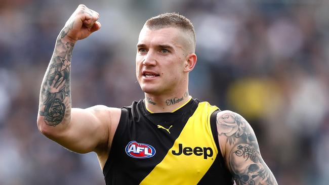 GEELONG, AUSTRALIA — AUGUST 12: Dustin Martin of the Tigers celebrates during the 2017 AFL round 21 match between the Geelong Cats and the Richmond Tigers at Simonds Stadium on August 12, 2017 in Geelong, Australia. (Photo by Adam Trafford/AFL Media/Getty Images)