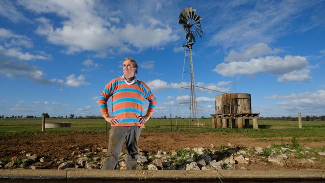 Richard Sargood at his farm near Howlong in 2018 when the region was again dry. Simon Dallinger/The Australian