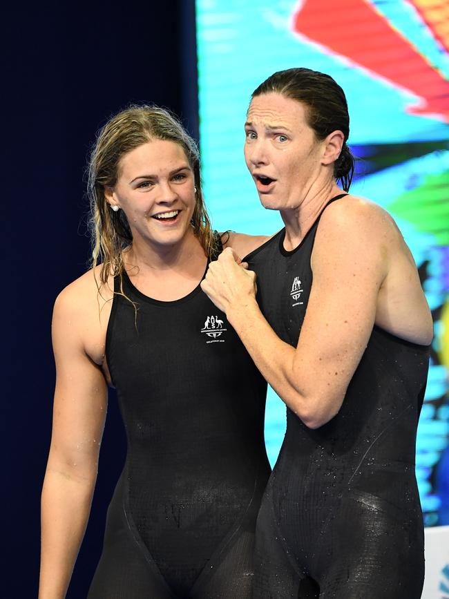 GOLD COAST, AUSTRALIA – APRIL 05: Shayna Jack and Cate Campbell of Australia celebrate a team victory and a new world record in the Women's 4 x 100m Freestyle Relay Final on day one of the Gold Coast 2018 Commonwealth Games at Optus Aquatic Centre on April 5, 2018 on the Gold Coast, Australia. (Photo by Quinn Rooney/Getty Images)