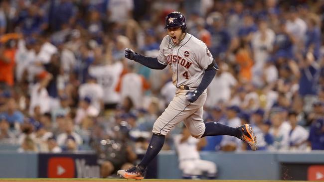 George Springer of the Houston Astros runs the bases after hitting a two-run home run in the 11th inning against the LA Dodgers at Dodger Stadium. Picture: AFP