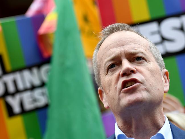 Federal opposition leader Bill Shorten speaks at a rally in support for marriage equality in Sydney on Sunday. Picture: Paul Miller/AAP