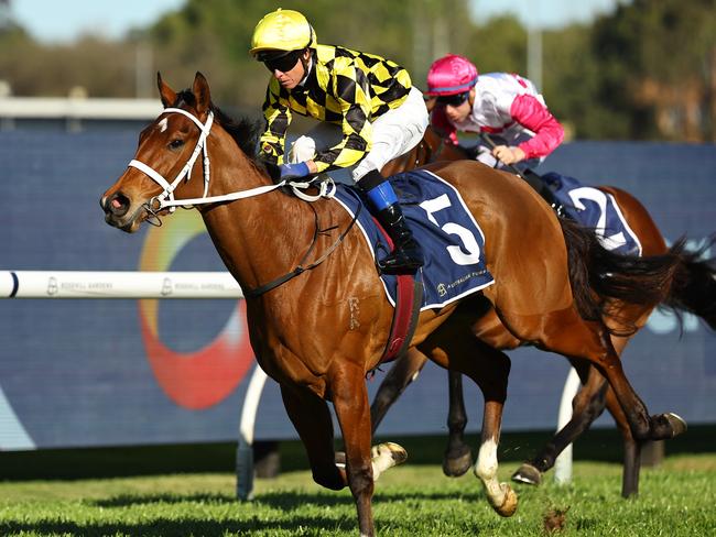 SYDNEY, AUSTRALIA - AUGUST 31: Kerrin McEvoy riding Autumn Glow wins Race 7 CMNL Up And Coming Stakes during Sydney Racing at Rosehill Gardens on August 31, 2024 in Sydney, Australia. (Photo by Jeremy Ng/Getty Images)