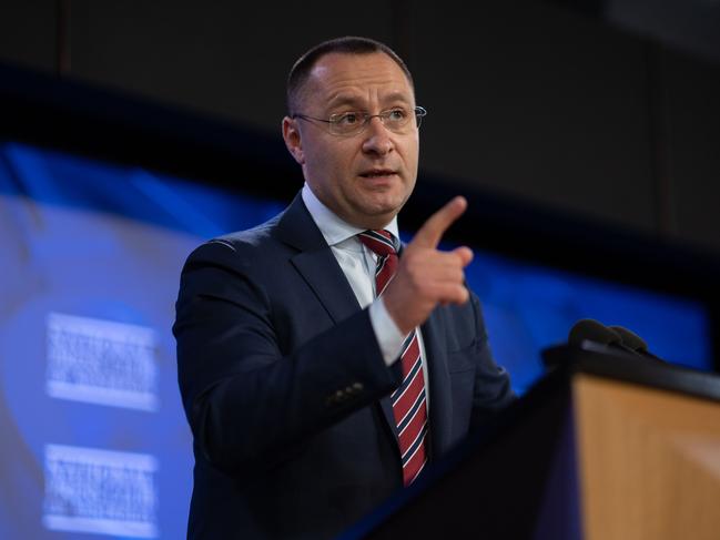 CANBERRA, AUSTRALIA - NewsWire Photos FEBRUARY 24, 2023: An emotional Ambassador of Ukraine to Australia & New Zealand, H.E. Vasyl Myroshnychenko, during his address to the National Press Club of Australia, in Canberra.Picture: NCA NewsWire / Gary Ramage