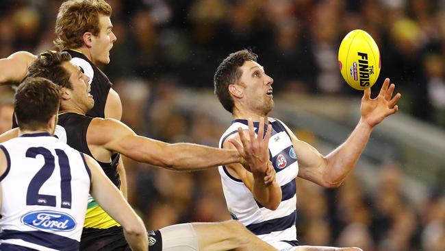 Alex Rance spoils Harry Taylor at the last moment. Picture: Michael Klein