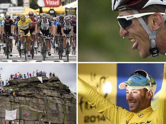 (From L, Up to bottom) Germany's Marcel Kittel (C) wearing the overall leader's yellow jersey crossing the finish line; France's Blel Kadri riding in a breakaway; Fans on a rock along the road; and Italy's Vincenzo Nibali celebrating his yellow jersey.