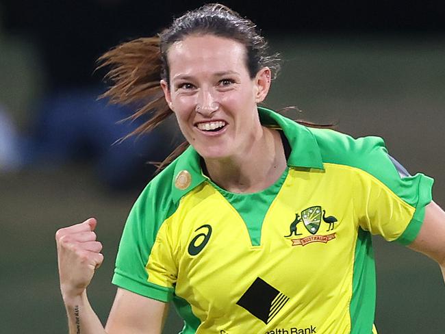 TAURANGA, NEW ZEALAND - APRIL 07: Megan Schutt of Australia celebrates her wicket of Amy Satterthwaite of New Zealand during game two of the One Day International series between the New Zealand White Ferns and Australia at Bay Oval on April 07, 2021 in Tauranga, New Zealand. (Photo by Phil Walter/Getty Images)