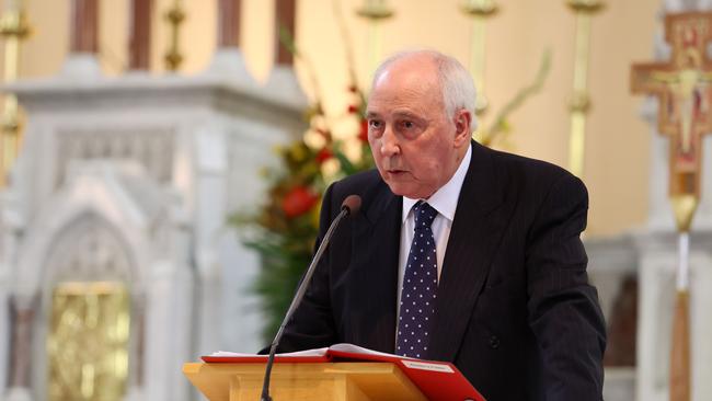 Former prime minister Paul Keating speaks during the state funeral for Bill Hayden.