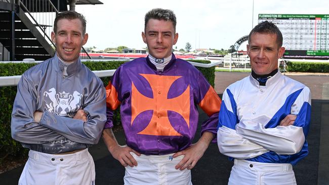 (From left) Queensland's 2024 Melbourne Cup jockeys: Ron Stewart, Robbie Dolan and Mark Du Plessis. Picture: Grant Peters/Trackside Photography