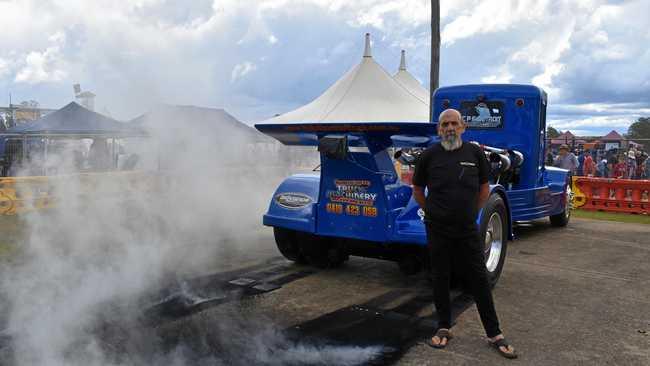 Laurie Williams of Beerwah kept the crowd entertained with his fire breathing Bullet Burnout Truck at Matty Hillcoat's Truckies' Day Out. Picture: Arthur Gorrie