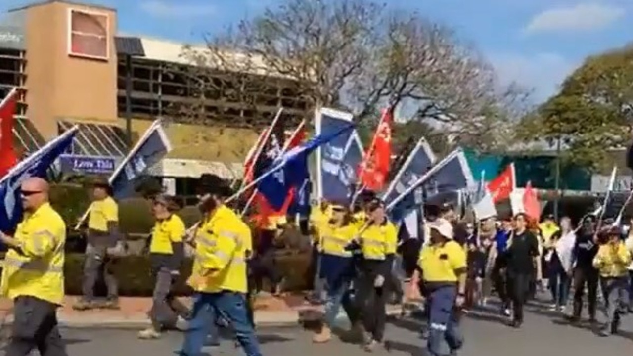 Gympie Regional Council workers and union leaders march through the CBD in August 2022 during the pay battle.