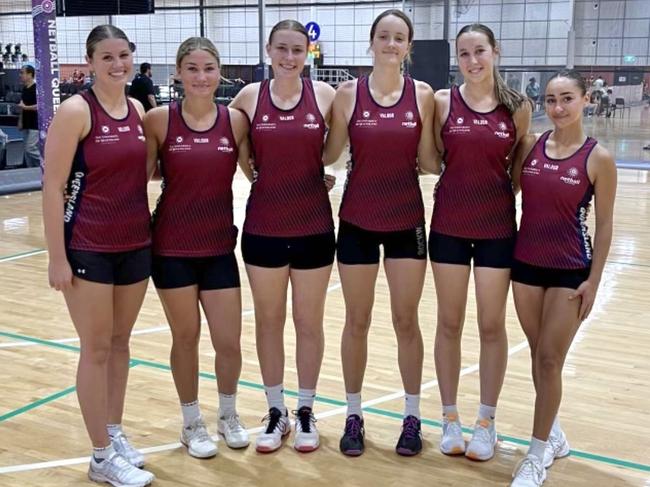 Bond University netballers (left to right) Elks Macaulay, Joesi Gisinger, Tehya Hyssett, Kaylin Van Greunen, Abby Boland, and Dakota Newson. Picture: Bond University