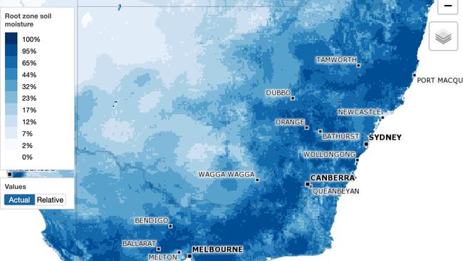 The Bureau of Meteorology’s "root zone soil moisture" map of NSW on September 29. Picture: BOM