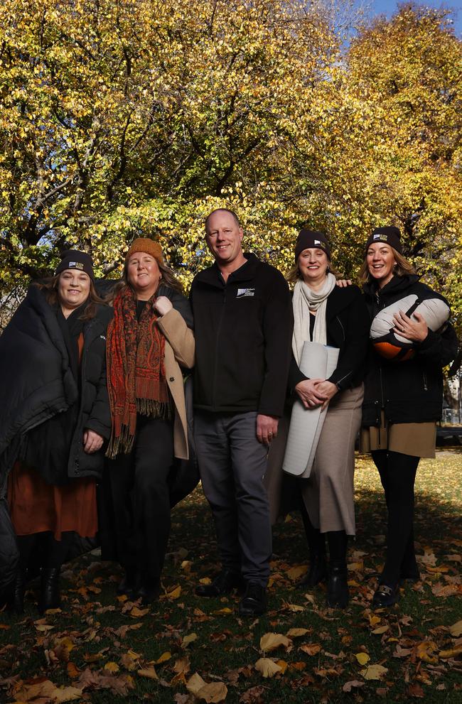 Scott Adams chief financial officer Hobart City Mission centre with City of Hobart staff L-R Laura Eaton, Justyne (Justyne) Wilson, Karen Abey, Abby McKibben. City of Hobart staff will join the Hobart City Mission sleep rough event in an effort to highlight homelessness continuing to rise in Hobart. Picture: Nikki Davis-Jones