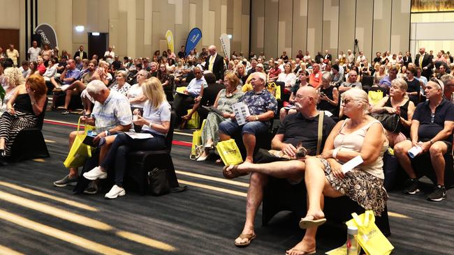 Seating was spaced during the January 2021 annual Ray White auction Event at Royal Pines Resort on The Gold Coast while next year unvaccinated buyers will not be allowed to attend. Picture: Jason O'Brien