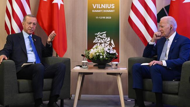 US President Joe Biden (R) and Turkey's President Recep Tayyip Erdogan hold bilateral talks during the NATO Summit in Vilnius on July 11, 2023. Picture: Andrew Caballero-Reynolds / AFP