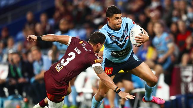 Latrell Mitchell starred for the Blues in 2021, but has not played any footy in more than 11 weeks ahead of his Round 16 return. Picture: Getty Images.