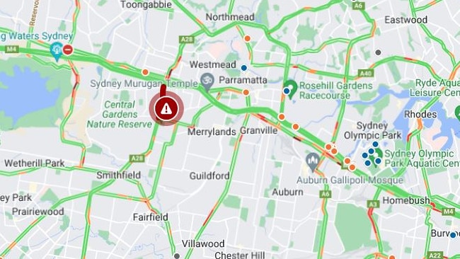 Traffic is delayed as a truck catches fire. Picture: Google Maps