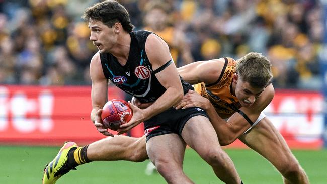 Port Adelaide’s Jed McEntee in AFL action against Hawthorn at Adelaide Oval in Round 10 on Sunday. Picture: Mark Brake/Getty Images