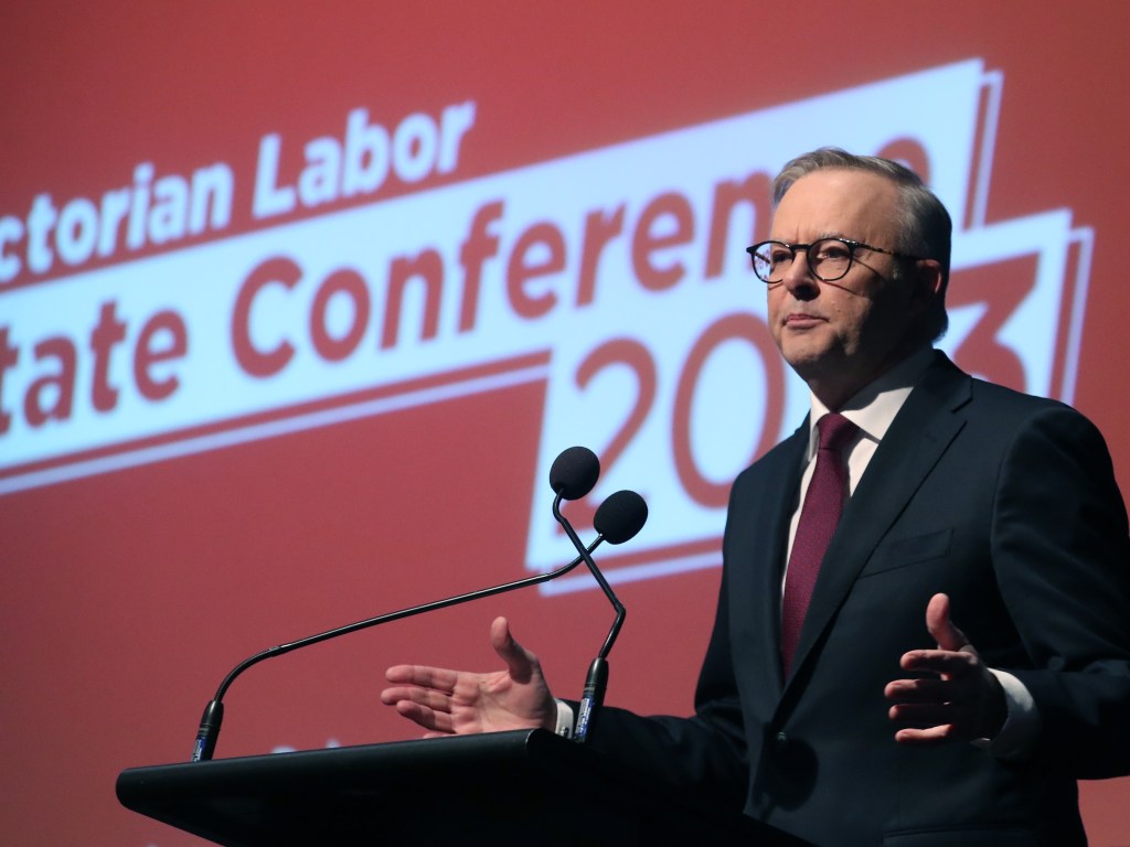 MELBOURNE, AUSTRALIA - NewsWire Photos, June 17, 2023. PM Anthony Albanese at the Victorian Labor Party conference at Moonee Valley Racecourse.  Picture: NCA NewsWire / David Crosling