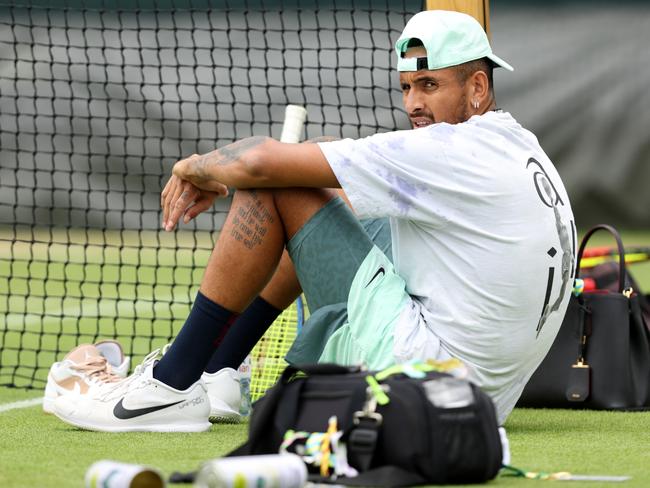 LONDON, ENGLAND - JULY 05: Nick Kyrgios of Australia looks on from the practice courts on day nine of The Championships Wimbledon 2022 at All England Lawn Tennis and Croquet Club on July 05, 2022 in London, England. (Photo by Clive Brunskill/Getty Images)