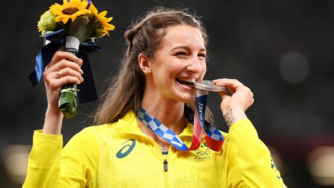 McDermott with her silver medal at Tokyo’s Olympic Stadium. Picture: Getty Images