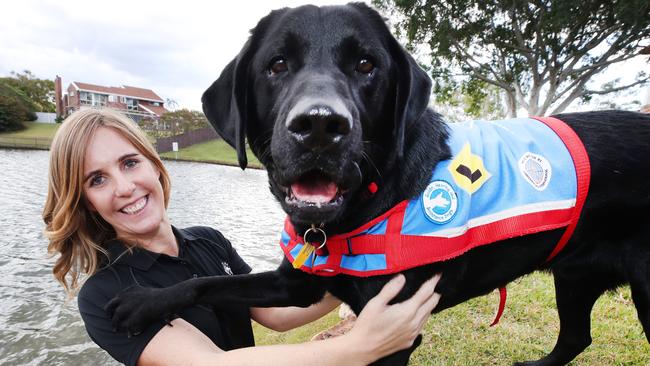 Carri Robinson with assistance dog Fergus, a two-year-old Labrador. Carri is the Gold Coast instructor for Assistance Dogs Australia and they are in desperate need of help. Picture: Glenn Hampson