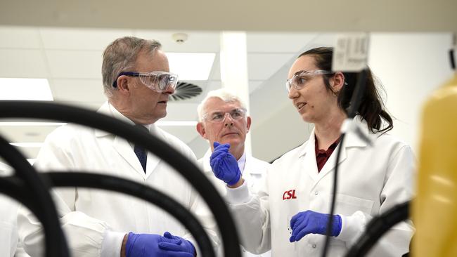 Anthony Albanese at CSL in Melbourne in 2023. He’s with CSL chairman Brian McNamee, middle, and CSL’s gene therapy research boss Ellen Otte. Picture: NCA NewsWire/Andrew Henshaw