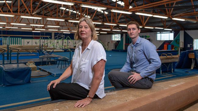 Bunnerong Gymnastics founder Kim Rosen and secretary Matt Spooner inside the existing gymnastics club at Heffron Park. Picture: Monique Harmer