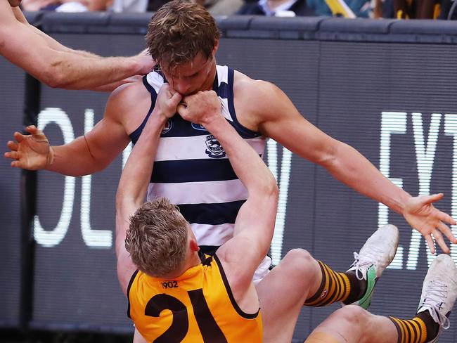 James Sicily gets into it with Geelong during 2017. Picture: Michael Klein