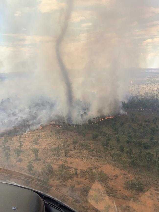 Firefighters have extinguished a bushfire south which burned 500ha south of Alice Springs and spawned a fire tornado. Picture: Bushfire NT