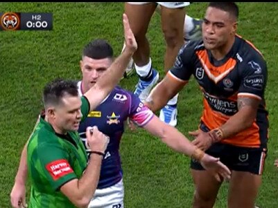 Wests Tigers were denied a win after the bunker ruled an escort play that gave the Cowboys a penalty. Townsend asking for the challenge.