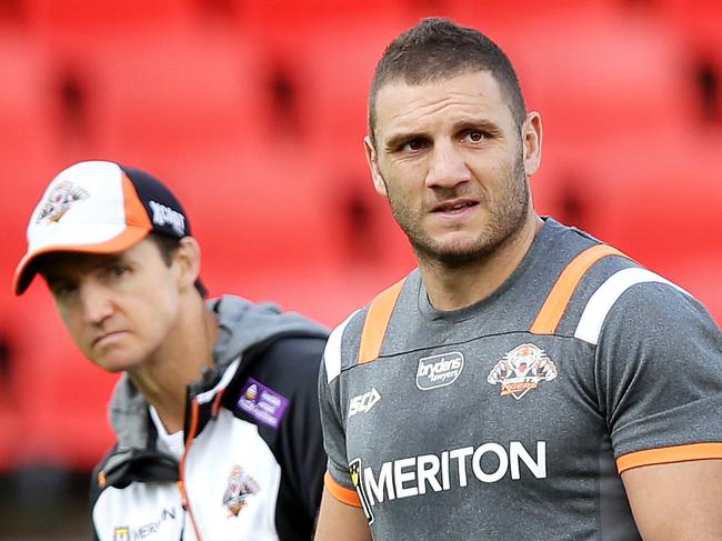 Coach Jason Tay;or and Robbie Farah during Wests Tigers training session at Concord Oval,Concord.Picture Gregg Porteous