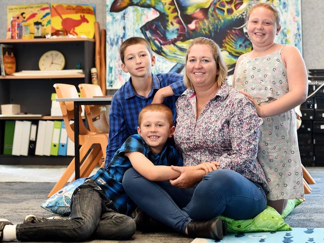 Caroline Earl with her children Kellyann (left), 10, Thomas, 12, and Tyler (front), 8, at the official opening of Royal Far West in Manly on Monday. Picture: Troy Snook