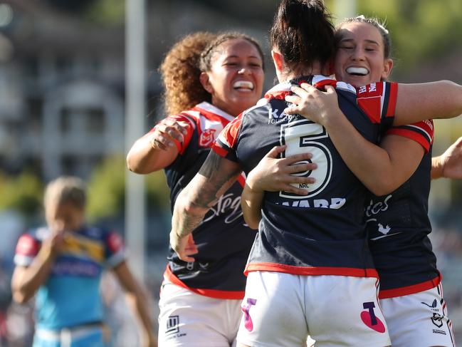 GOSFORD, AUSTRALIA - SEPTEMBER 18: Jayme Fressard of the Roosters celebrates a try during the round five NRLW match between Gold Coast Titans and Sydney Roosters at Central Coast Stadium, on September 18, 2022, in Gosford, Australia. (Photo by Brendon Thorne/Getty Images)