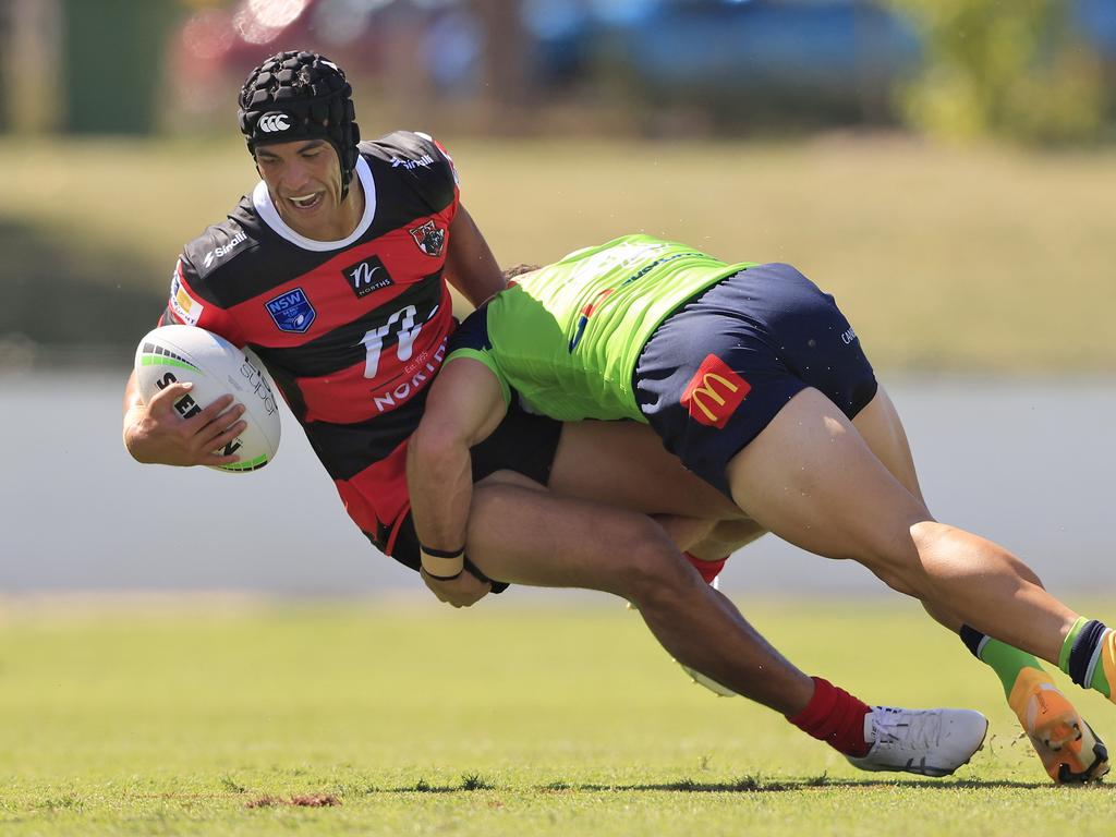 Joseph Suaaliiis tackled during the NSW Cup Trial Match between the North Sydney Bears and the Canberra Raiders at Seiffert Oval. (Photo by Mark Evans/Getty Images)