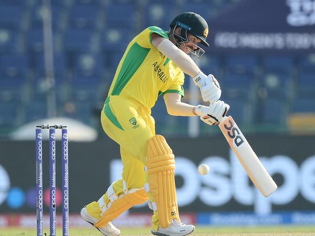 ABU DHABI, UNITED ARAB EMIRATES - OCTOBER 23: David Warner  of australia playing a shot during the 2021 ICC T20 World Cup match between Australia and South Africa at Sheikh Zayed Stadium on October 23, 2021 in Abu Dhabi, United Arab Emirates. (Photo by Isuru Sameera Peiris/Gallo Images/Getty Images)