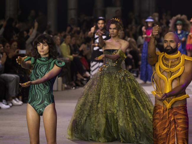 Models wearing designs by Grace Lillian Lee in the finale during the First Nations Fashion + Design show during Afterpay Australian Fashion Week 2021 Resort '22 Collections at Carriageworks on June 1, 2021. Photo: Getty Images