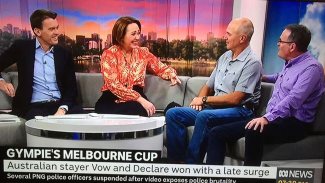 "Gympie's Melbourne Cup": School teachers Bob Leitch and Anthony Lanskey, who are part-owners of Melbourne Cup winning horse Vow and Declare flew the flag for Gympie live on national breakfast television show ABC News Breakfast after the big Melbourne Cup win. Pictured with hosts Michael Rowland and Lisa Millar.