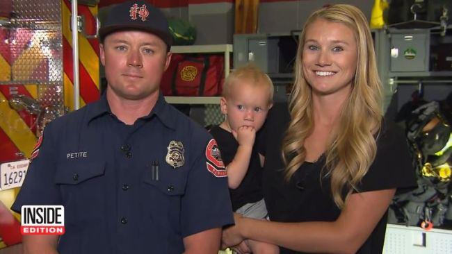 Firefighter Zach Petite with his wife Jessica and one-year-old son Cole. Picture: Inside Edition