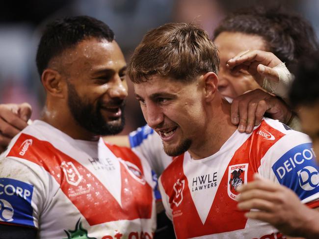 WOLLONGONG, AUSTRALIA - JUNE 07:  Zac Lomax of the Dragons is congratulated by team mates after the round 14 NRL match between St George Illawarra Dragons and Wests Tigers at WIN Stadium on June 07, 2024, in Wollongong, Australia. (Photo by Jason McCawley/Getty Images)