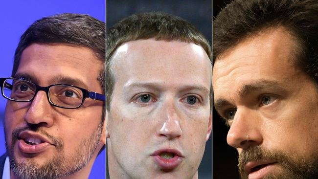 (COMBO)(L-R) This combination of file photos created on October 1, 2020 shows Alphabet CEO Sundar Pichai during a session at the World Economic Forum (WEF) annual meeting in Davos, on January 22, 2020, Facebook founder Mark Zuckerberg at Georgetown University in Washington, DC on October 17, 2019, and CEO of Twitter Jack Dorsey testifies before the Senate Intelligence Committee on Capitol Hill in Washington, DC, on September 5, 2018. - A Senate panel voted October 1, 2020 to subpoena the top executives of Facebook, Google and Twitter to answer questions on disinformation, online scams and a range of social ills.The Commerce Committee agreed unanimously to call Jack Dorsey of Twitter, Mark Zuckerberg of Facebook and Sundar Pichai of Google parent Alphabet. The move comes with Big Tech platforms facing heightened scrutiny on monopoly concerns, and also for failing to stem hateful and nefarious content. (Photos by AFP)