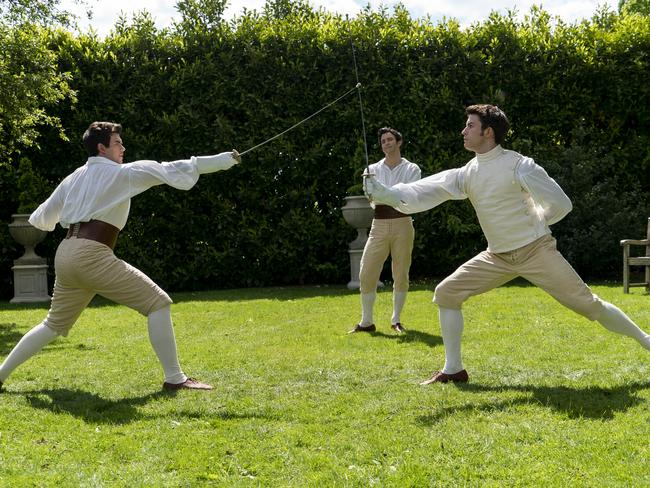 Luke Newton as Colin Bridgerton, left, and Luke Thompson as Benedict Bridgerton, Jonathan Bailey as Anthony Bridgerton. Picture: Liam Daniel/Netflix Â© 2022