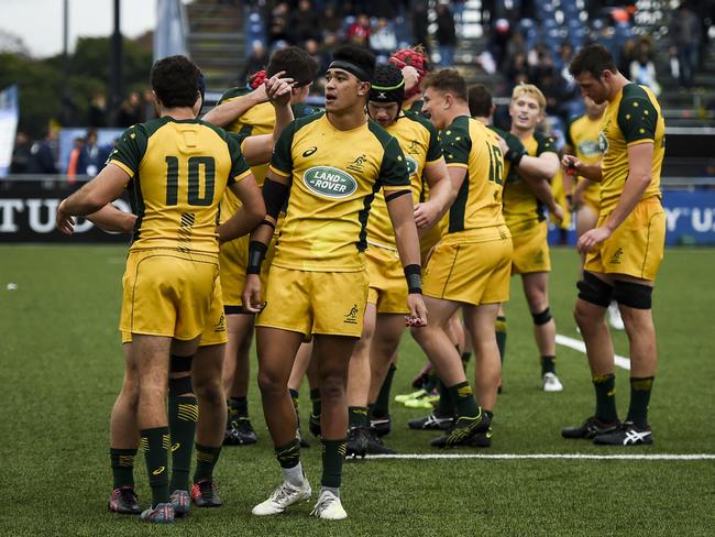 Junior Wallabies celebrate after winning their semi-final against Argentina. Picture: Marcelo Endelli — World Rugby/Getty Images