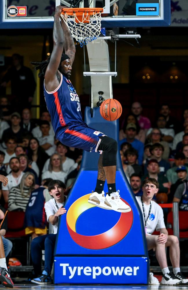 Former NBA star Montrezl Harrell with an epic slam dunk for the 36ers. Picture: Getty Images