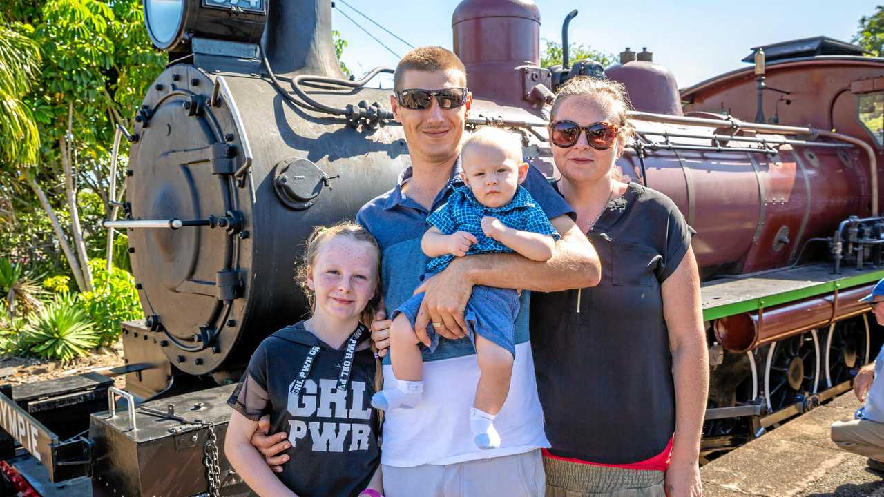 Steam at the Station - Makenzy Pratt, Daniel Edwick, Harrison Edwick and Rhyllie Warneke at the festival to celebrate the arrival of the locomotive at the Gympie station last weekend. Picture: LEEROY TODD