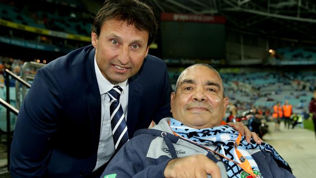 Coach Laurie Daley with Ray Blacklock before the start of Game 1 of the 2015 State of Origin series between the NSW Blues and the Queensland Maroons at ANZ Stadium,Homebush .Picture Gregg Porteous